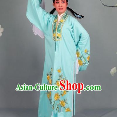 Top Grade Professional Beijing Opera Niche Costume Scholar Green Embroidered Robe and Shoes, Traditional Ancient Chinese Peking Opera Young Men Embroidery Peony Cape Clothing