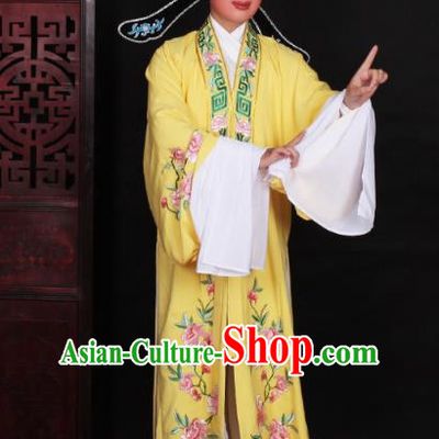 Top Grade Professional Beijing Opera Niche Costume Scholar Yellow Embroidered Robe and Shoes, Traditional Ancient Chinese Peking Opera Young Men Embroidery Peony Cape Clothing