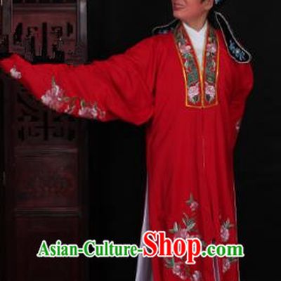 Top Grade Professional Beijing Opera Niche Costume Scholar Red Embroidered Robe and Shoes, Traditional Ancient Chinese Peking Opera Young Men Embroidery Peony Cape Clothing