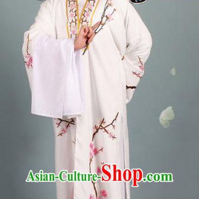 Top Grade Professional Beijing Opera Niche Costume Scholar White Embroidered Robe and Shoes, Traditional Ancient Chinese Peking Opera Young Men Embroidery Plum Blossom Cape Clothing