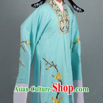 Top Grade Professional Beijing Opera Niche Costume Scholar Green Embroidered Robe and Shoes, Traditional Ancient Chinese Peking Opera Young Men Embroidery Plum Blossom Cape Clothing