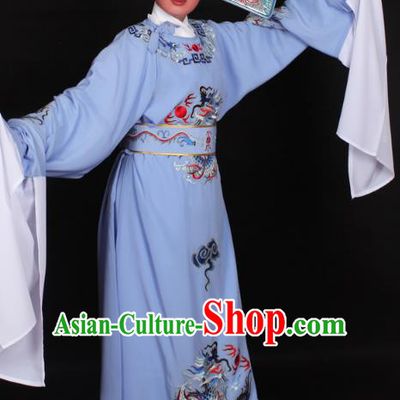 Top Grade Professional Beijing Opera Niche Costume Lang Scholar Blue Embroidered Robe and Hat, Traditional Ancient Chinese Peking Opera Young Men Embroidery Dragons Clothing