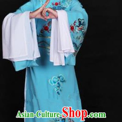 Top Grade Professional Beijing Opera Niche Costume Lang Scholar Blue Embroidered Robe and Hat, Traditional Ancient Chinese Peking Opera Young Men Embroidery Dragons Clothing
