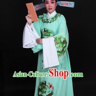 Top Grade Professional Beijing Opera Niche Costume Lang Scholar Green Embroidered Robe and Hat, Traditional Ancient Chinese Peking Opera Young Men Embroidery Dragons Clothing