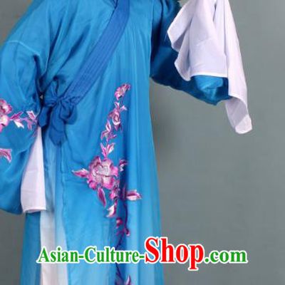 Top Grade Professional Beijing Opera Niche Costume Scholar Blue Double-deck Embroidered Robe and Hat, Traditional Ancient Chinese Peking Opera Young Men Embroidery Clothing