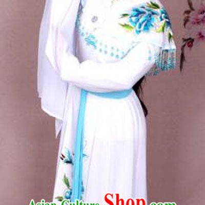 Top Grade Professional Beijing Opera Hua Tan Costume Palace Lady White Embroidered Peony Dress, Traditional Ancient Chinese Peking Opera Diva Princess Embroidery Clothing
