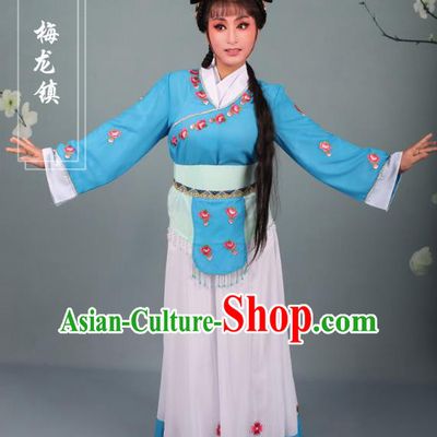 Top Grade Professional Beijing Opera Young Lady Costume Handmaiden Blue Embroidered Dress, Traditional Ancient Chinese Peking Opera Maidservants Embroidery Clothing