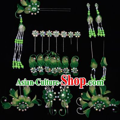 Top Grade Professional Beijing Opera Diva Green Hair Accessories Complete Set, Traditional Ancient Chinese Peking Opera Tassel Step Shake Hua Tan Hairpins Headwear