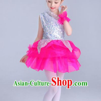 Top Grade Chinese Professional Performance Catwalks Costume, Children Princess Bubble Rosy Full Dress Modern Dance Paillette Dress for Girls Kids