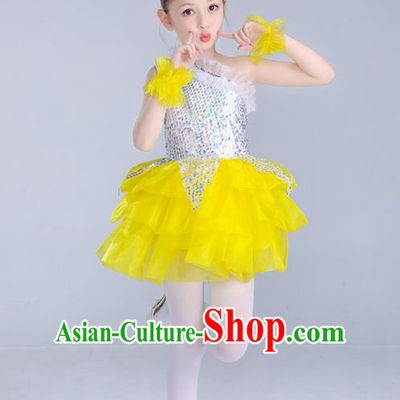 Top Grade Chinese Professional Performance Catwalks Costume, Children Princess Bubble Yellow Full Dress Modern Dance Paillette Dress for Girls Kids
