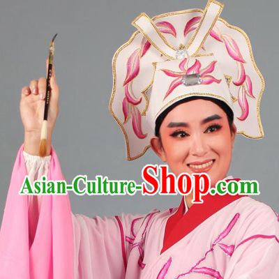 Top Grade Beijing Opera Niche Gifted Scholar Embroidered Pink Hat, Traditional Ancient Chinese Peking Opera Young Men Headwear