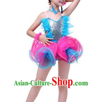 Top Grade Chinese Compere Professional Performance Catwalks Costume, Children Latin Dance Tassel Uniform Modern Dance Blue Clothing for Girls Kids