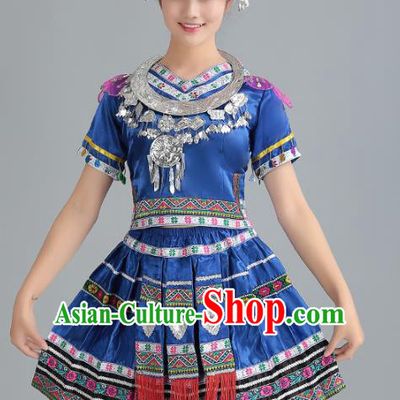 Traditional Chinese Miao Nationality Dance Costume, Hmong Female Folk Dance Ethnic Blue Pleated Skirt, Chinese Minority Nationality Embroidery Clothing for Women