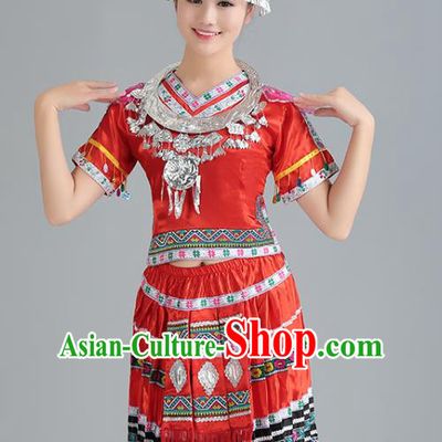 Traditional Chinese Miao Nationality Dance Costume, Hmong Female Folk Dance Ethnic Red Pleated Skirt, Chinese Minority Nationality Embroidery Clothing for Women