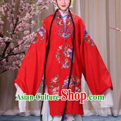 Top Grade Professional Beijing Opera Palace Lady Costume Hua Tan Red Embroidered Cape, Traditional Ancient Chinese Peking Opera Diva Embroidery Clothing