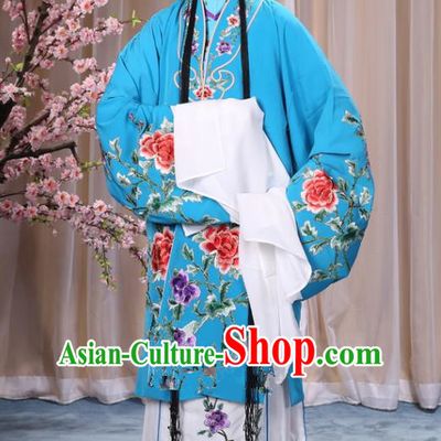 Top Grade Professional Beijing Opera Imperial Consort Costume Hua Tan Blue Embroidered Cape, Traditional Ancient Chinese Peking Opera Diva Embroidery Peony Clothing