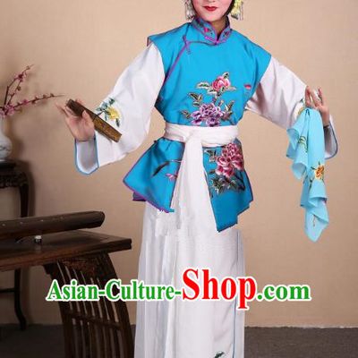 Top Grade Professional Beijing Opera Maidservants Costume Hua Tan Blue Embroidered Waistcoat, Traditional Ancient Chinese Peking Opera Diva Embroidery Dress Clothing