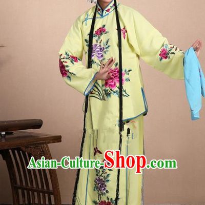 Top Grade Professional Beijing Opera Jordan-Sitting Costume Hua Tan Yellow Embroidered Dress, Traditional Ancient Chinese Peking Opera Maidservants Embroidery Clothing