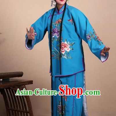 Top Grade Professional Beijing Opera Jordan-Sitting Costume Hua Tan Deep Blue Embroidered Dress, Traditional Ancient Chinese Peking Opera Maidservants Embroidery Clothing