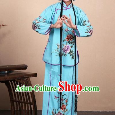 Top Grade Professional Beijing Opera Jordan-Sitting Costume Hua Tan Blue Embroidered Dress, Traditional Ancient Chinese Peking Opera Maidservants Embroidery Clothing