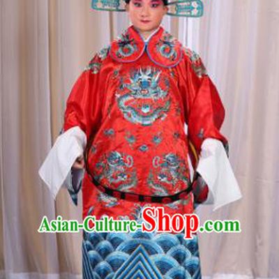 Top Grade Professional Beijing Opera Emperor Costume Red Embroidered Robe and Shoes, Traditional Ancient Chinese Peking Opera Royal Highness Gwanbok Clothing