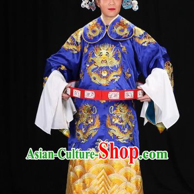 Top Grade Professional Beijing Opera Emperor Costume Royalblue Embroidered Robe and Shoes, Traditional Ancient Chinese Peking Opera Royal Highness Gwanbok Clothing