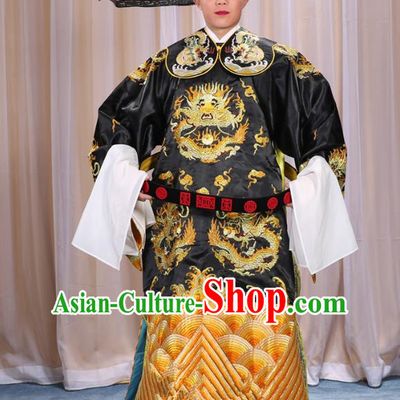 Top Grade Professional Beijing Opera Emperor Costume Black Embroidered Robe and Shoes, Traditional Ancient Chinese Peking Opera Royal Highness Gwanbok Clothing