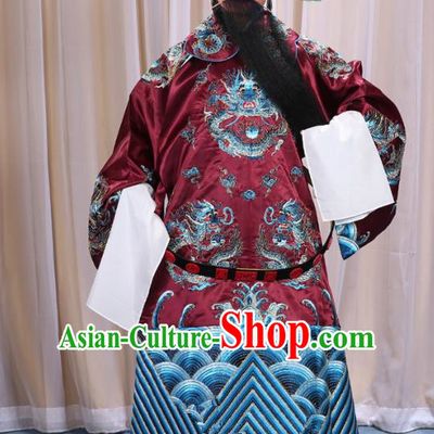 Top Grade Professional Beijing Opera Emperor Costume Amaranth Embroidered Robe and Shoes, Traditional Ancient Chinese Peking Opera Royal Highness Gwanbok Clothing