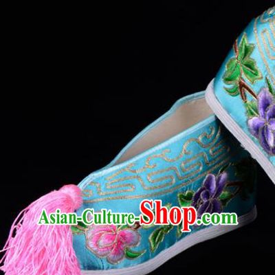 Top Grade Professional Beijing Opera Hua Tan Embroidered Peony Hidden Elevator Light Blue Satin Shoes, Traditional Ancient Chinese Peking Opera Diva Princess Blood Stained Shoes
