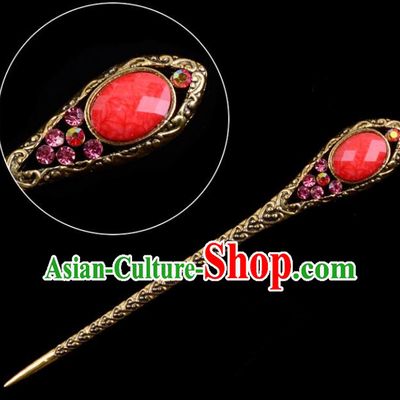 Traditional China Beijing Opera Pantaloon Hair Accessories Red Hairpin, Ancient Chinese Peking Opera Old Women Hairpins Kanzashi Headwear