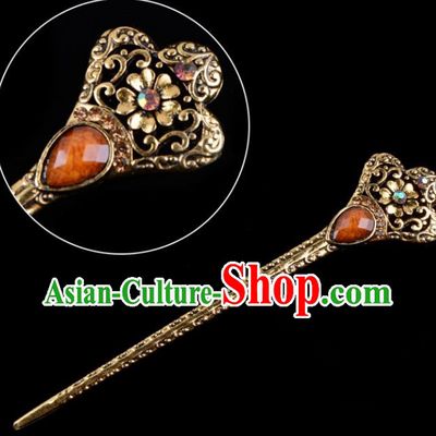 Traditional China Beijing Opera Hua Tan Pantaloon Hair Accessories Orange Hairpin, Ancient Chinese Peking Opera Women Hairpins Diva Kanzashi Headwear