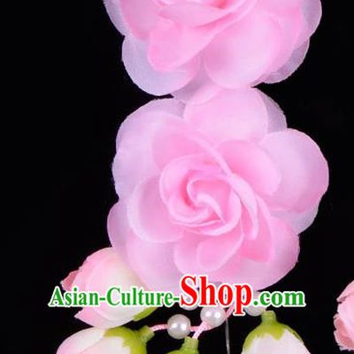 Traditional China Beijing Opera Hua Tan Pink Flowers Hair Accessories Hairpin, Ancient Chinese Peking Opera Women Hairpins Diva Temple Kanzashi Headwear
