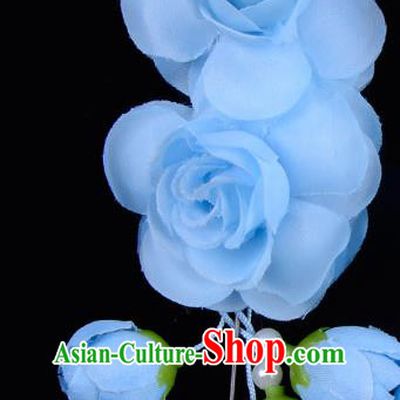 Traditional China Beijing Opera Hua Tan Blue Flowers Hair Accessories Hairpin, Ancient Chinese Peking Opera Women Hairpins Diva Temple Kanzashi Headwear