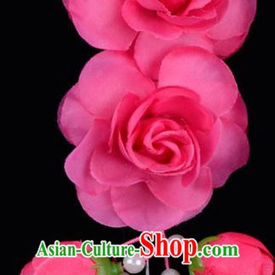 Traditional China Beijing Opera Hua Tan Rosy Flowers Hair Accessories Hairpin, Ancient Chinese Peking Opera Women Hairpins Diva Temple Kanzashi Headwear