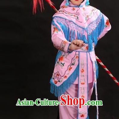 Traditional China Beijing Opera Female General Pink Costume and Headwear Complete Set, Ancient Chinese Peking Opera Swordplay Embroidery Clothing for Kids
