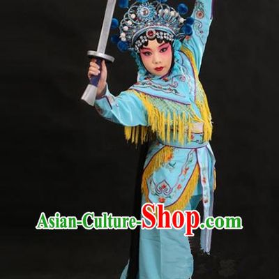 Traditional China Beijing Opera Female General Blue Costume and Headwear Complete Set, Ancient Chinese Peking Opera Swordplay Embroidery Clothing for Kids