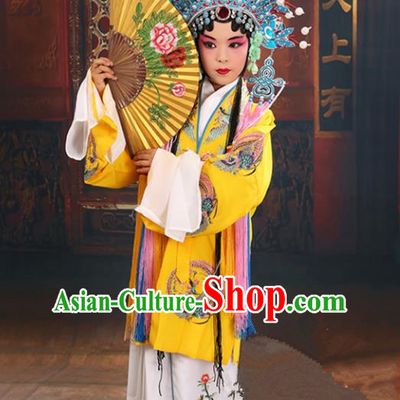 Top Grade Professional China Beijing Opera Costume Embroidered Yellow Cape and Phoenix Coronet, Ancient Chinese Peking Opera Diva Hua Tan Embroidery Clothing for Kids