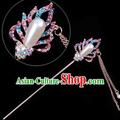 Traditional China Beijing Opera Hua Tan Hair Accessories Colorful Crystal Pearls Hairpin, Ancient Chinese Peking Opera Tassel Step Shake Women Hairpins Diva Temple Kanzashi Headwear