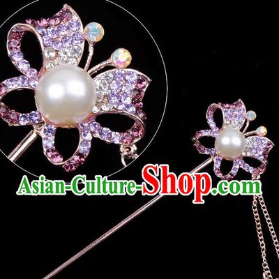 Traditional China Beijing Opera Hua Tan Hair Accessories Purple Crystal Butterfly Hairpin, Ancient Chinese Peking Opera Tassel Step Shake Women Hairpins Diva Temple Kanzashi Headwear