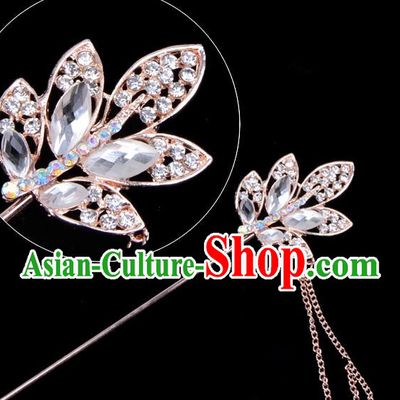 Traditional China Beijing Opera Hua Tan Hair Accessories Crystal Leaf Hairpin, Ancient Chinese Peking Opera Tassel Step Shake Women Hairpins Diva Temple Kanzashi Headwear
