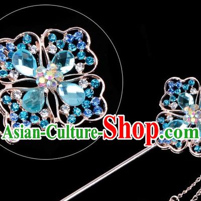 Traditional China Beijing Opera Palace Lady Hair Accessories Blue Crystal Hairpin, Ancient Chinese Peking Opera Tassel Step Shake Women Hairpins Diva Kanzashi Headwear