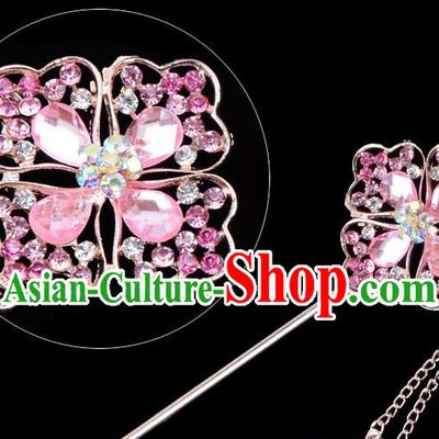 Traditional China Beijing Opera Palace Lady Hair Accessories Pink Crystal Hairpin, Ancient Chinese Peking Opera Tassel Step Shake Women Hairpins Diva Kanzashi Headwear