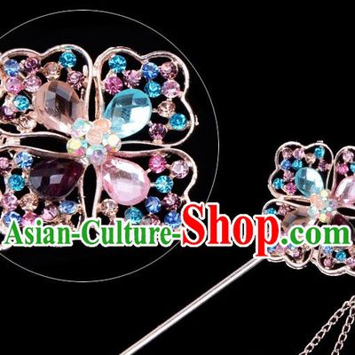 Traditional China Beijing Opera Palace Lady Hair Accessories Colorful Crystal Hairpin, Ancient Chinese Peking Opera Tassel Step Shake Women Hairpins Diva Kanzashi Headwear