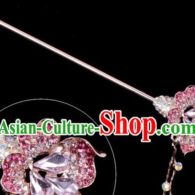 Traditional China Beijing Opera Palace Lady Hair Accessories Pink Crystal Flower Hairpin, Ancient Chinese Peking Opera Tassel Step Shake Women Hairpins Diva Kanzashi Headwear