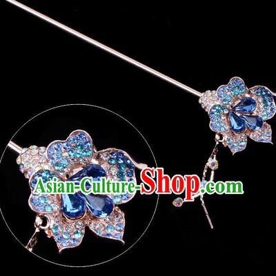 Traditional China Beijing Opera Palace Lady Hair Accessories Blue Crystal Flower Hairpin, Ancient Chinese Peking Opera Tassel Step Shake Women Hairpins Diva Kanzashi Headwear
