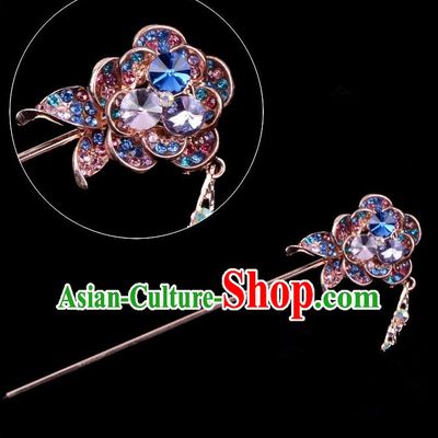 Traditional China Beijing Opera Palace Princess Hair Accessories Colorful Crystal Flower Hairpin, Ancient Chinese Peking Opera Tassel Step Shake Women Hairpins Diva Kanzashi Headwear