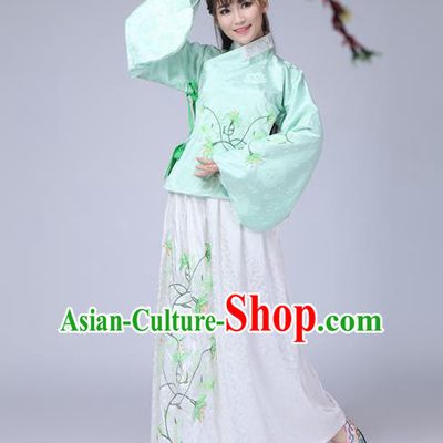 Traditional Ancient Chinese Ming Dynasty Imperial Princess Dance Costume Green Blouse and Skirt, Elegant Hanfu Chinese Ancient Young Lady Sleeve Placket Embroidered Clothing for Women