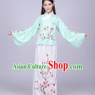 Traditional Ancient Chinese Ming Dynasty Imperial Princess Costume Green Blouse and White Skirt, Elegant Hanfu Chinese Ancient Young Lady Sleeve Placket Embroidered Clothing for Women