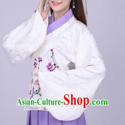 Traditional Ancient Chinese Ming Dynasty Imperial Princess Costume White Blouse and Purple Skirt, Elegant Hanfu Chinese Ancient Young Lady Embroidered Peach Blossom Clothing for Women