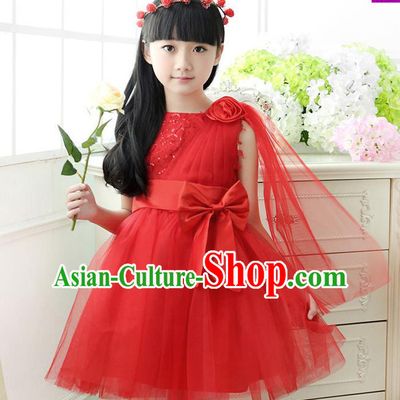 Top Grade Chinese Compere Professional Performance Catwalks Costume, Children Red Veil Bubble Dress Modern Dance Dress for Girls Kids